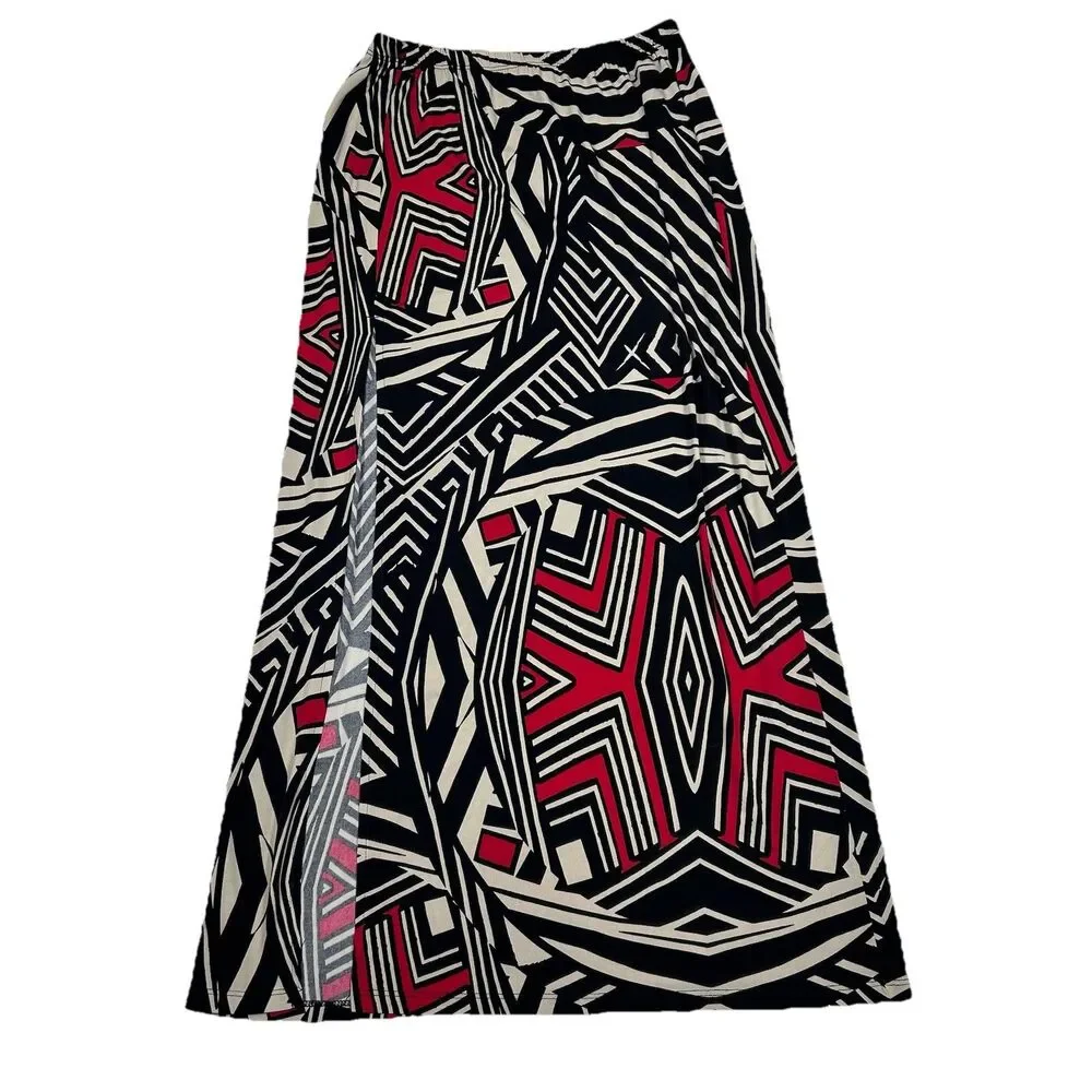 Boston Proper Maxi Skirt Small Black Red African Geometric Long Slit USA Vtg?